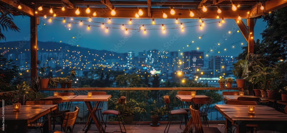Fototapeta premium A cozy evening scene with string lights and city views, perfect for relaxation and dining.