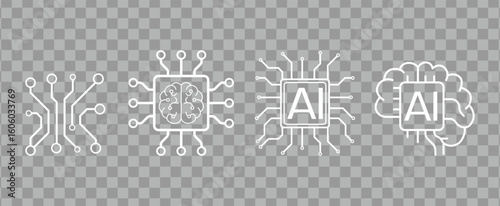 Set of white AI and circuit board icons with brain motifs on transparent background.
