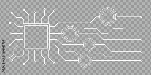 Abstract circuit board lines and circles with a central microchip on a transparent background.