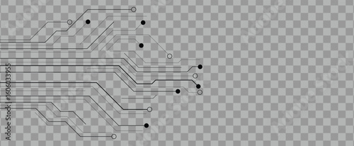 Abstract circuit board lines and connections on a transparent background, ideal for technology and data concepts.
