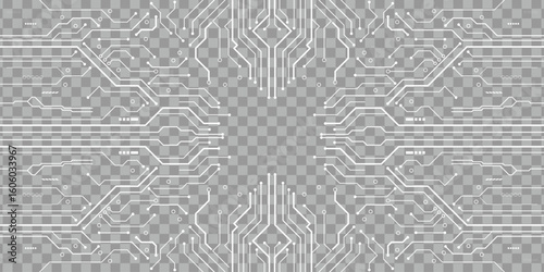 White circuit board lines on transparent background, abstract tech PCB pattern for modern design.