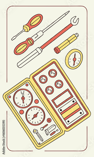 Illustration of assorted tools in a yellow toolbox