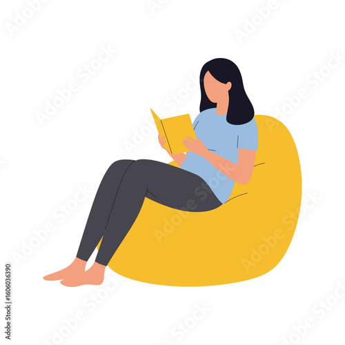 Woman relaxing in yellow beanbag chair reading a book comfortable leisure relaxation home cozy