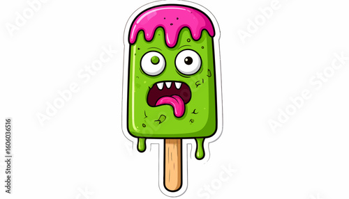 Cartoon illustration of a green ice cream popsicle with pink topping, featuring a monster face with bulging eyes and a hanging tongue.