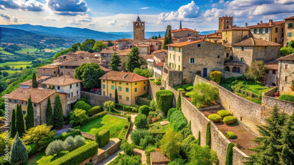 Ancient stone walls surrounded by lush greenery and terracotta roofs of Arezzo's medieval townscape Ancient stone walls surrounded by lush greenery and terracotta roofs of Arezzo's medieval townscape