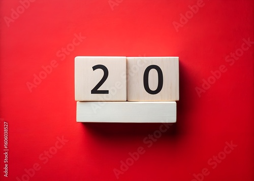 Simple wooden block calendar showing the number twenty on a vibrant red background