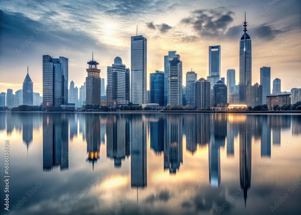 Fototapeta premium Cityscape reflected on calm waters with skyscrapers silhouetted against a pale grey sky at dusk