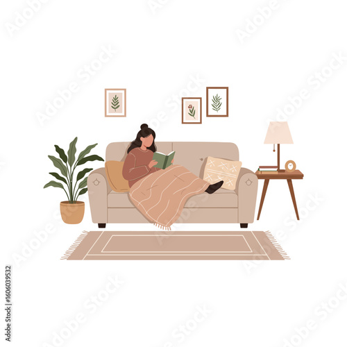 Woman relaxing on couch reading book cozy home interior hygge style