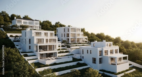 Contemporary white luxury residences with large windows terraced on a lush green hillside, bathed in natural light.