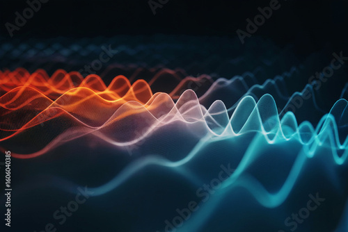 A digital abstract wave pattern against a black background. The waves transition from bright orange on the left side to light blue on the right side.