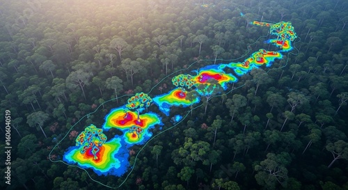 Aerial view of a forest with a colorful thermal map overlay, highlighting areas.