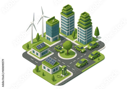 3D isometric modern smart city with electric cars and green buildings