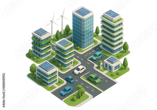 3D isometric modern smart city with electric cars and green buildings
