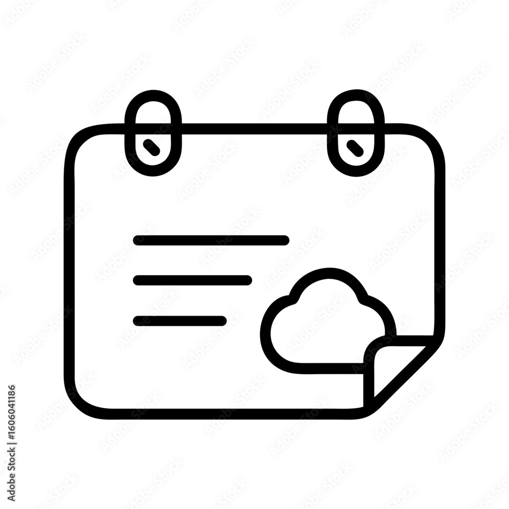 Simple outline icon of a note with lines and a cloud symbol attached Simple outline icon of a note with lines and a cloud symbol attached