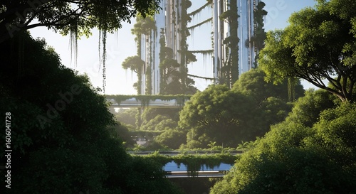 Futuristic eco-city with towering skyscrapers and bridges covered in lush green foliage.