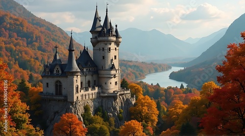 Majestic castle perched atop a cliff, surrounded by vibrant autumn foliage and a serene river valley.