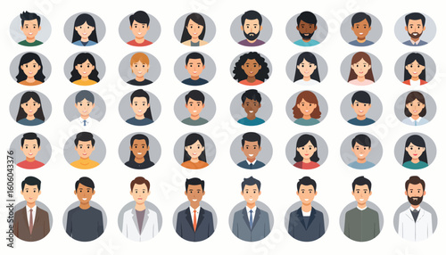 Diverse collection of illustrated headshots depicting a variety of people with different ethnicities, hairstyles, and expressions.