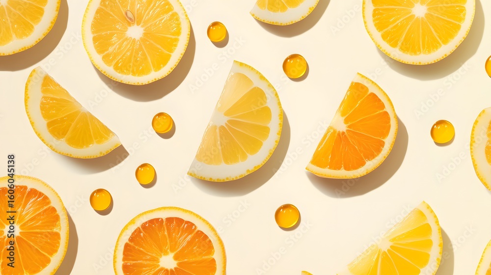 Obraz premium Sliced citrus fruits arranged artfully with small yellow capsules creating a vibrant, textured pattern.