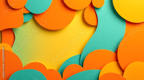 Abstract background with vibrant orange, teal, and yellow paper cutouts forming a creative frame.