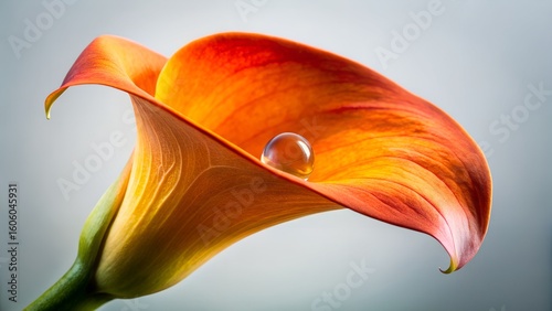 Vibrant orange calla lily with a single dewdrop on its petal against a soft background