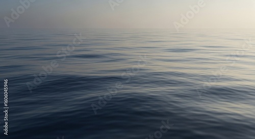 Calm ocean water surface with gentle waves under a hazy, soft, and diffused sky.