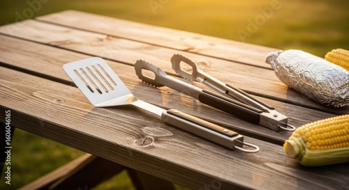 Barbecue Utensils and Fresh Corn on a Wooden Picnic Table in Summer Sunlight