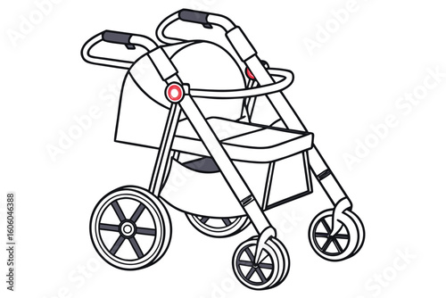 Detailed Line Art Depiction of a Modern Baby Stroller Design on White Backdrop