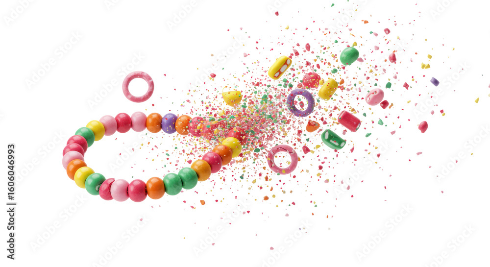 Obraz premium Colorful Candy Bracelet With Sprinkles Exploding On Black Background Studio Shot Of Confectionery Dessert Treat
