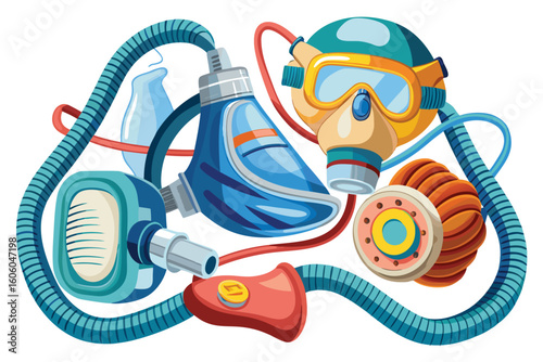 Imaginative Illustration of Futuristic Diving Equipment Components and Interconnected Pneumatic Machinery Elements