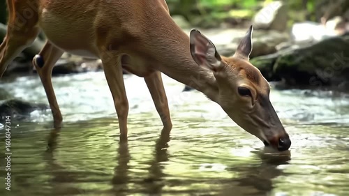 A deer drinks water from a creek, with its head submerged, enjoying a refreshing drink.