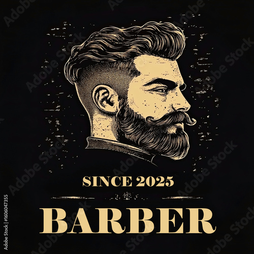 Vintage Barber Shop Logo design: A classic illustration of a distinguished barber with a stylish beard, mustache, and perfectly coiffed hair, showcasing the essence of timeless barbering excellence.