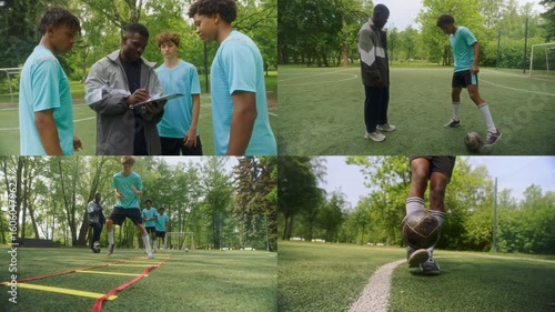 Split screen of young African American male coach training youth soccer team on outdoor field, practicing drills and ball dribbles