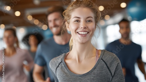 A smiling woman in a gym with a group of people running on treadmills.