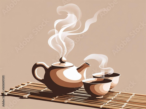 Minimalist vector illustration of a traditional brown teapot and two steaming teacups on a bamboo mat. Warm tones and soft steam evoke a relaxing and calming tea ceremony mood.