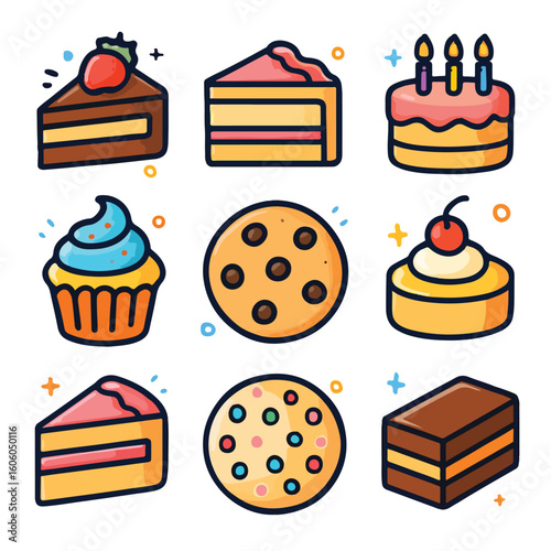 Delicious treats collection sweet desserts celebration cupcakes cookies and birthday cake icons