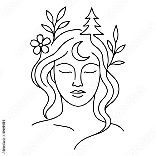 Close-up vector illustration of a woman's face with elegant floral hair and glamorous red lips, perfect for fashion and beauty designs