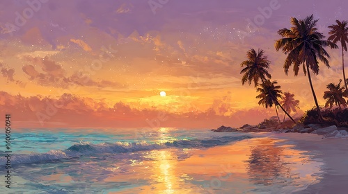 Beach Sunset with Palm Trees – Digital Art