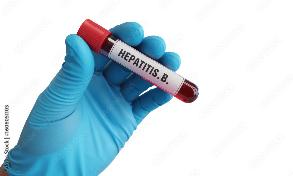 Obraz premium Hand In Blue Glove Holding A Test Tube With Hepatitis B Label In Transparent Background