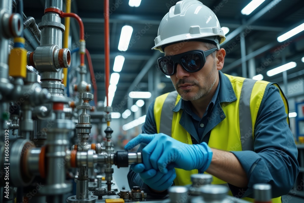 Fototapeta premium Industrial worker examines complex machinery.