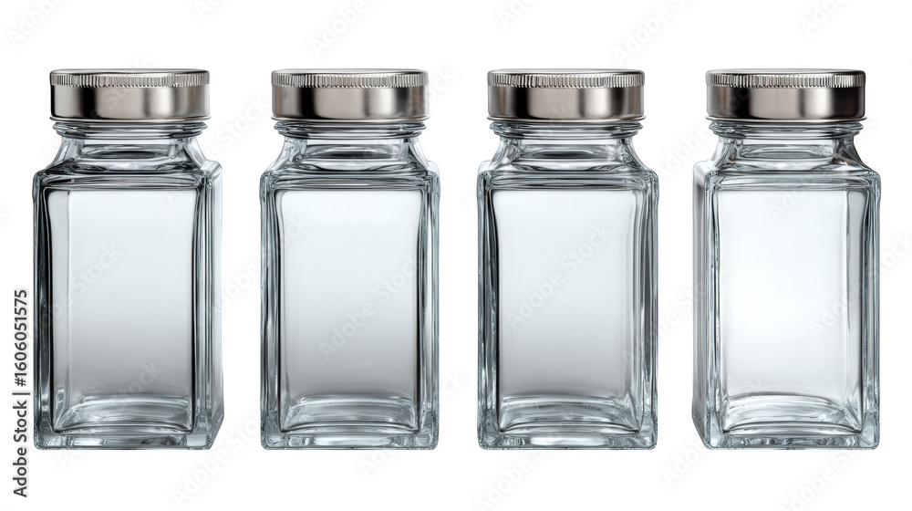 Four of clear glass bottles with silver lids, a versatile storage and display solution for modern homes. Four of clear glass bottles with silver lids, a versatile storage and display solution for modern homes.