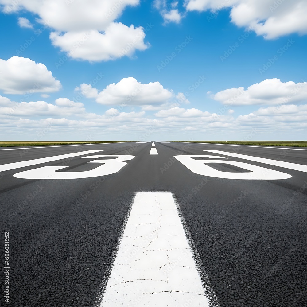 Fototapeta premium Empty runway extends into a bright blue sky.