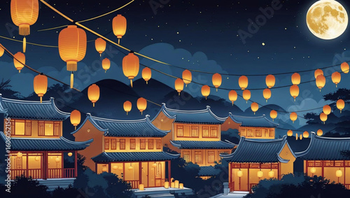 Vector of Mid-Autumn Festival night with glowing lanterns, full moon, and traditional Chinese houses under starry sky, perfect for festive banners, seasonal backgrounds, and celebration cards.