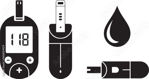 Blood Glucose Meter Icon Set – Diabetic Test Devices and Blood Drop Symbols