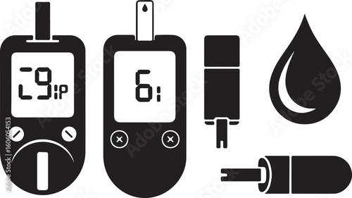 Blood Glucose Meter Icon Set – Diabetic Test Devices and Blood Drop Symbols