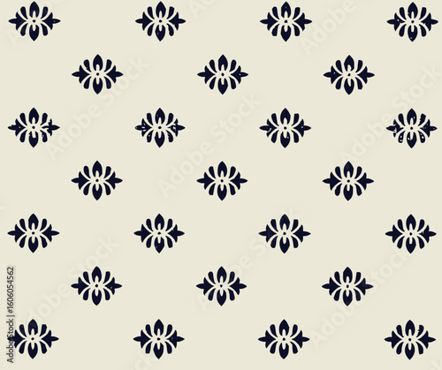 Repeating floral pattern with dark blue stylized flower motifs on a light beige background creates a design