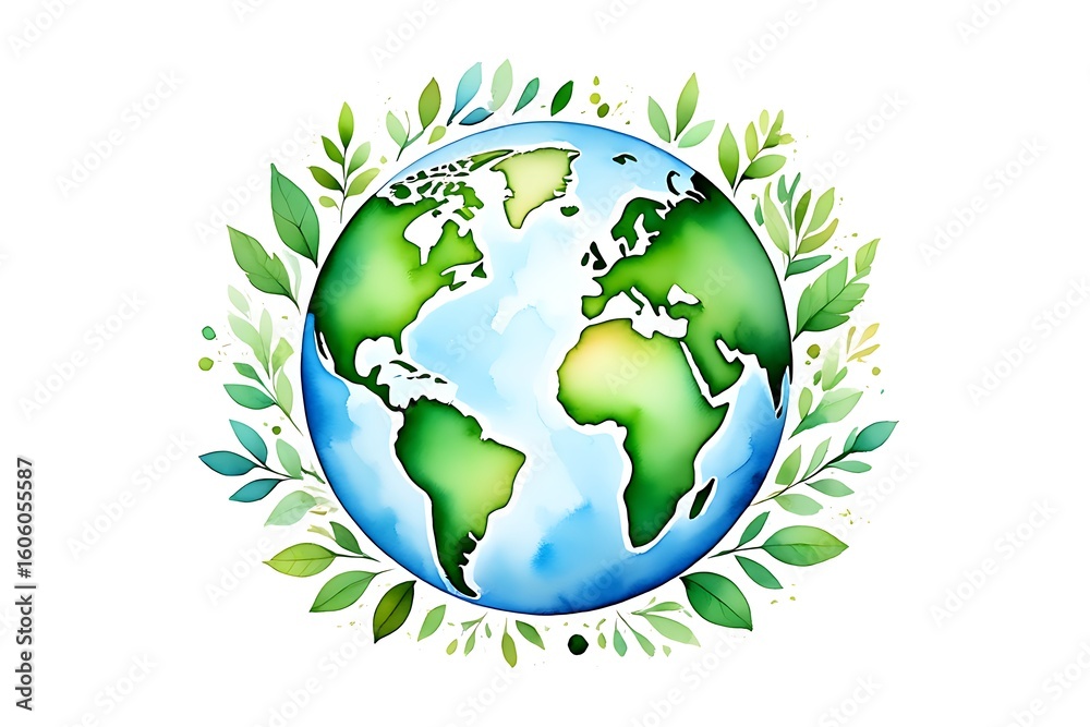 Naklejka premium Watercolor painting of planet earth surrounded by vibrant green leaves symbolizing environmental protection and nature s beauty