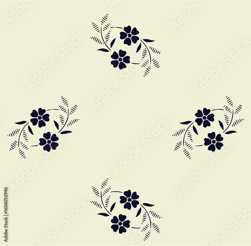 Floral pattern featuring dark blue flowers and stylized leaves arranged in a symmetrical design on cream background