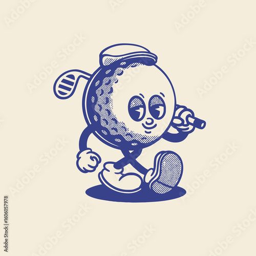Groovy golf sport ball character in retro cartoon. Mascot, vector, icon, colection, sticker, vintage, illustration, set, funny, logo, comic, vintage, line art, logo