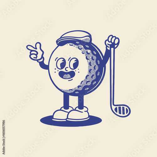 Groovy golf sport ball character in retro cartoon. Mascot, vector, icon, colection, sticker, vintage, illustration, set, funny, logo, comic, vintage, line art, logo