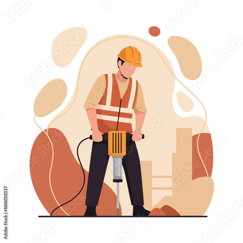 A male construction worker wearing a hard hat and safety vest operates a jackhammer on a worksite with an abstract city background.